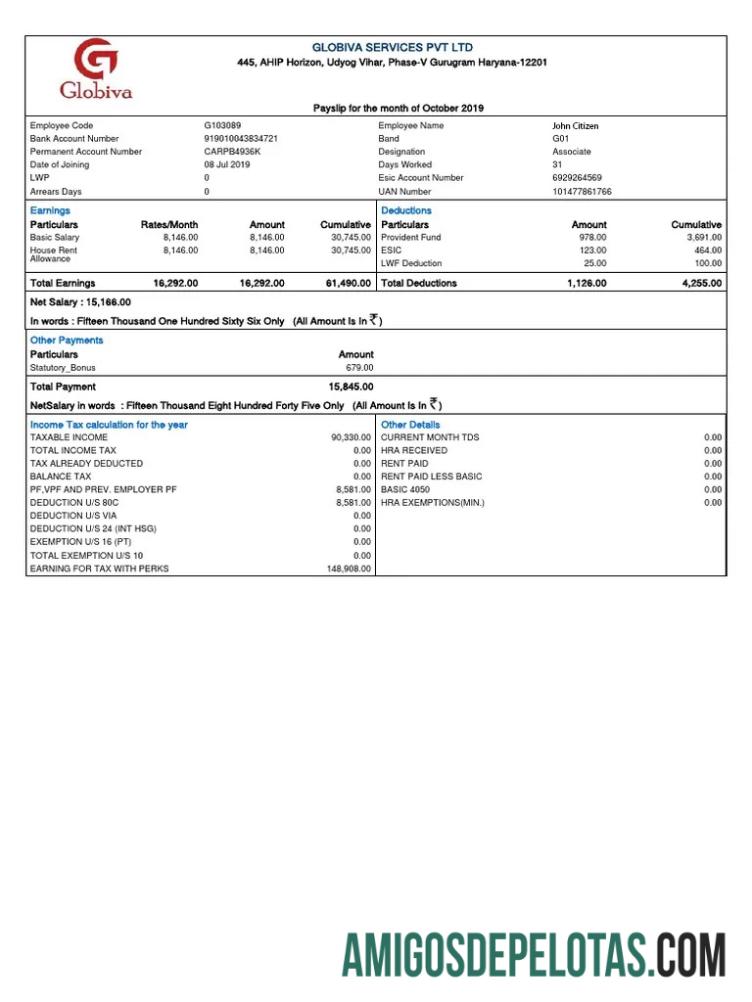 INDIA GLOBIVA Services PVT LTD Recibo de pagamento em formatos Word e PDF baixar para verificação